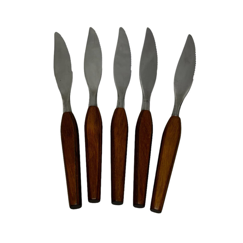 Set Of 5 Vintage Fleetwood Designs Stainless Steak Knives Teak Wood Handles